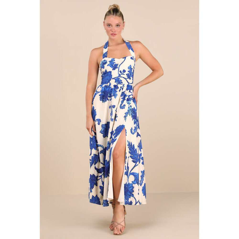 Lulus Layton Blue And Cream Floral Halter Maxi Dress White - Size S